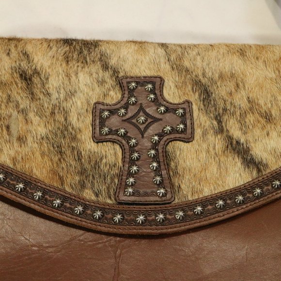 Genuine Leather Cow Hair Cross Studded Accent Shoulder Purse - Picture 4 of 12